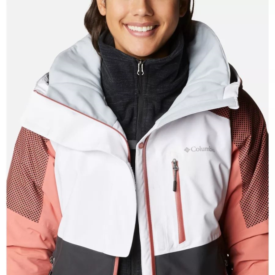 Columbia White/Shark/Dark Coral Women's Snow Slab Black Dot Jacket