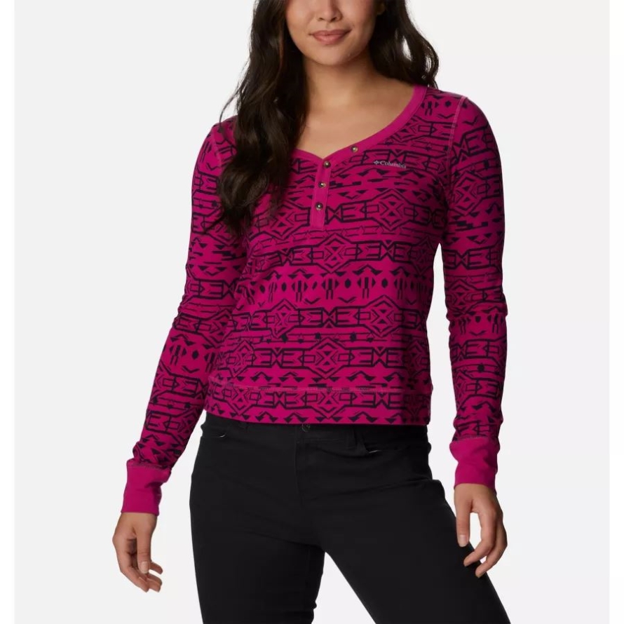 Columbia Wild Fuchsia 80s Stripe Tonal Women's Holly Hideaway Long Sleeve Shirt