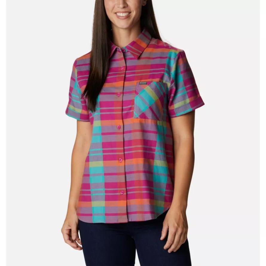 Columbia Women's Anytime Casual Stretch Short Sleeve Shirt Wild Fuchsia Madras