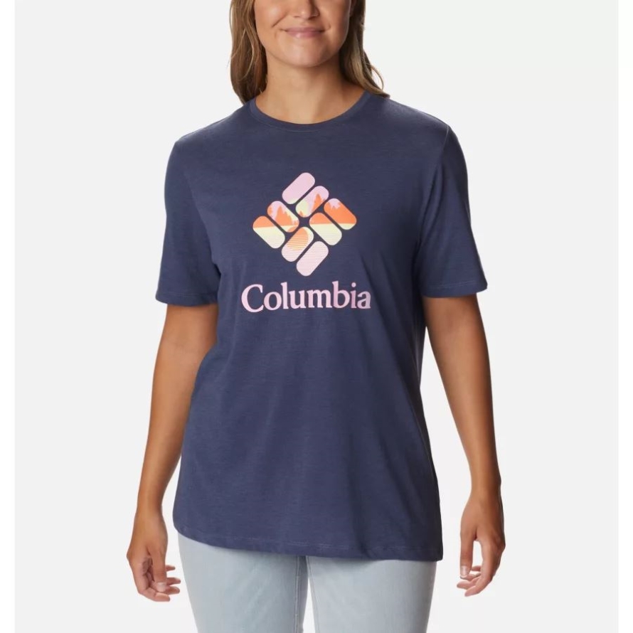 Columbia Women's Bluebird Day Relaxed Crew Neck Shirt Nocturnal Hthr/CSC Stacked Lakeside Grx