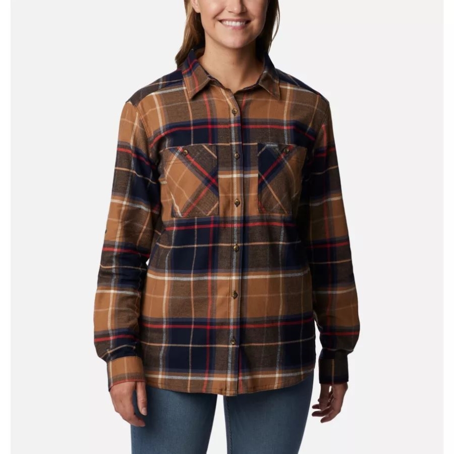 Columbia Women's Clay Hills Stretch Flannel Shirt Dark Nocturnal Boyfriend Tartan