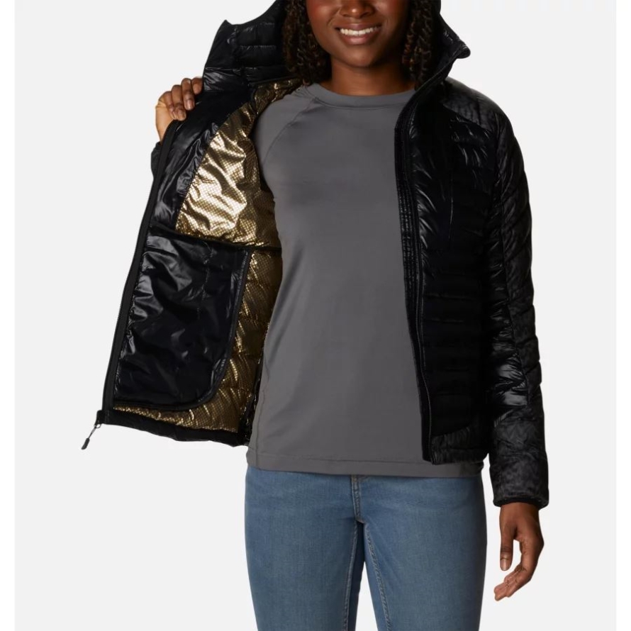 Columbia Women's Labyrinth Loop Omni-Heat Infinity Insulated Hooded Jacket Black/Black Terrain Print