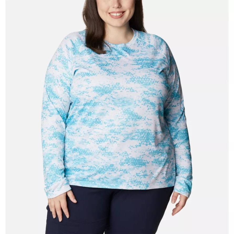 Columbia Women's PFG Super Tidal Tee II Long Sleeve Shirt Plus Size Atoll PFG Camo Print