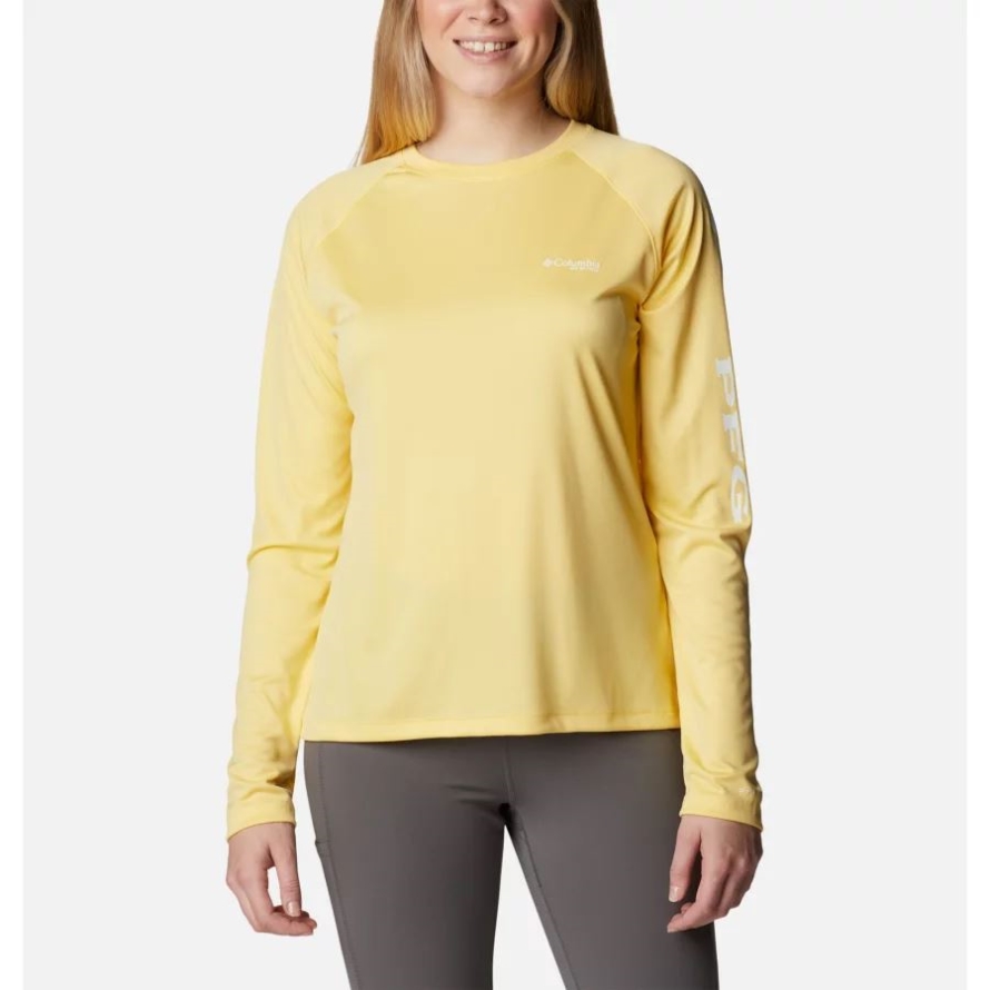 Columbia Women's PFG Tidal Tee II Long Sleeve Shirt Sweet Corn/White Logo