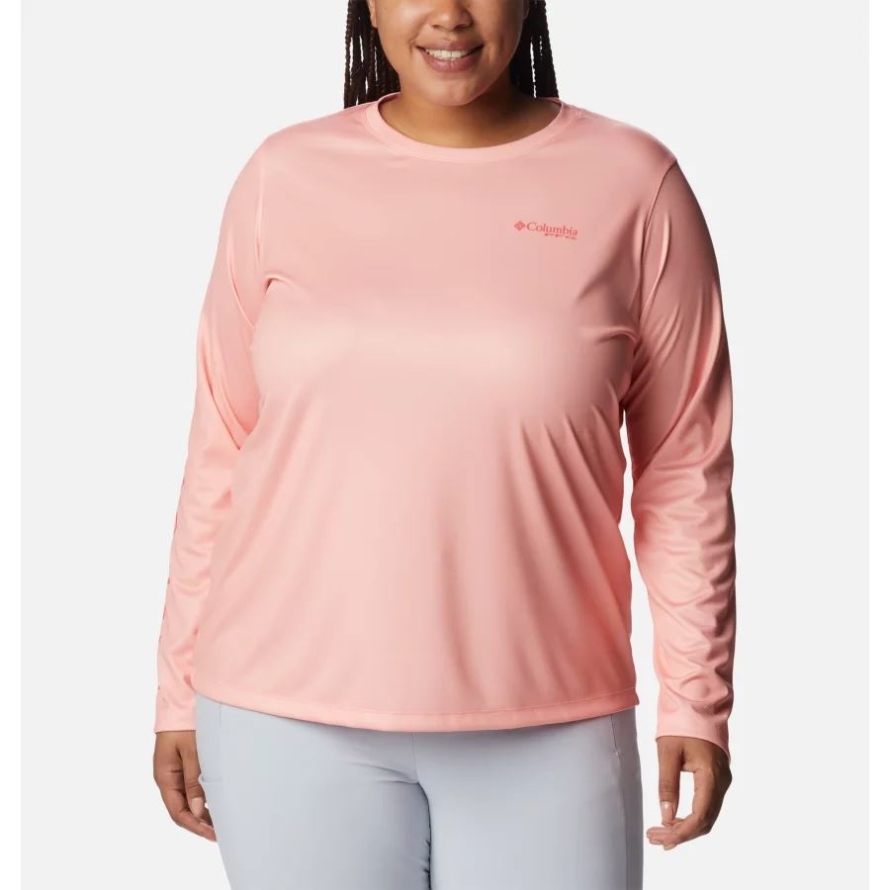 Columbia Women's PFG Tidal Tee Island Time Long Sleeve Shirt Plus Size Tiki Pink/Neon Sunrise