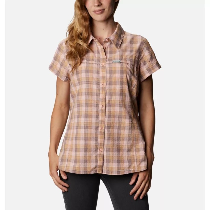 Columbia Women's Silver Ridge Novelty Short Sleeve Shirt Peach Quartz Gingham