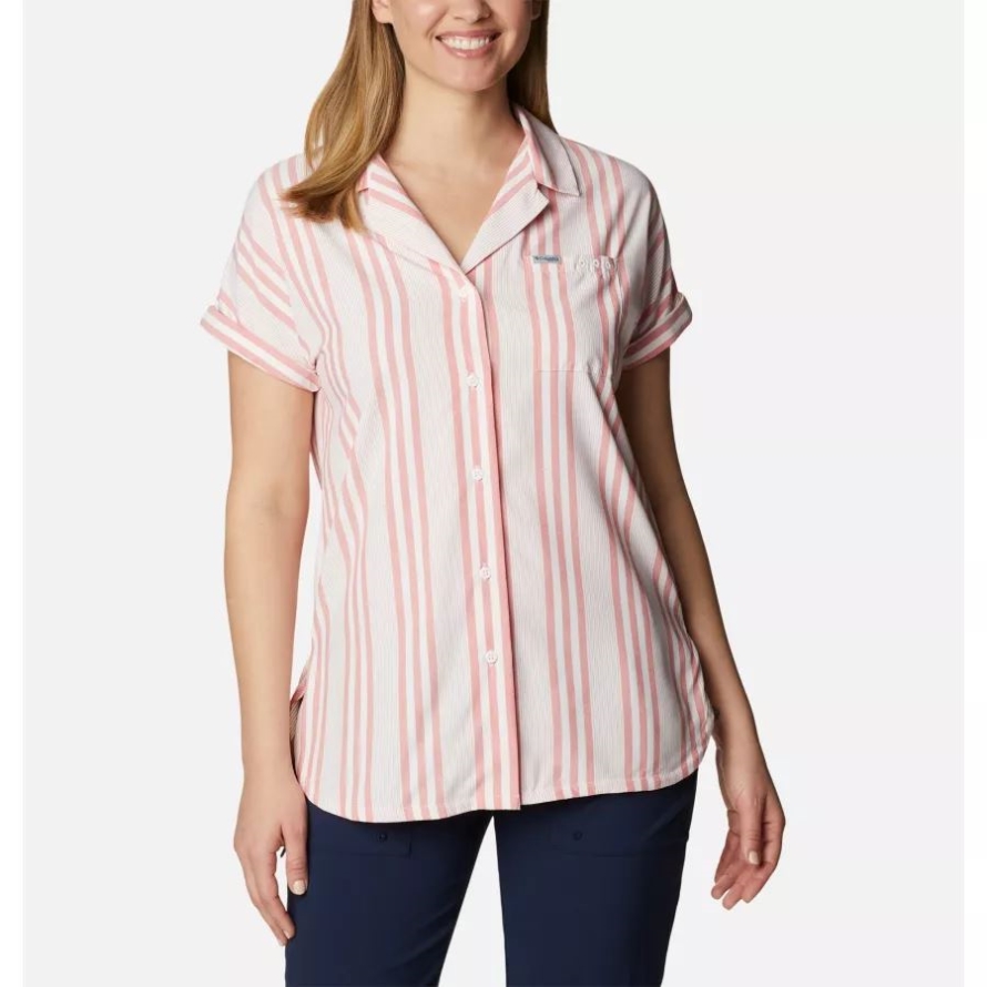 Columbia Women's Sun Drifter Woven Short Sleeve Shirt Red Spark Stripe