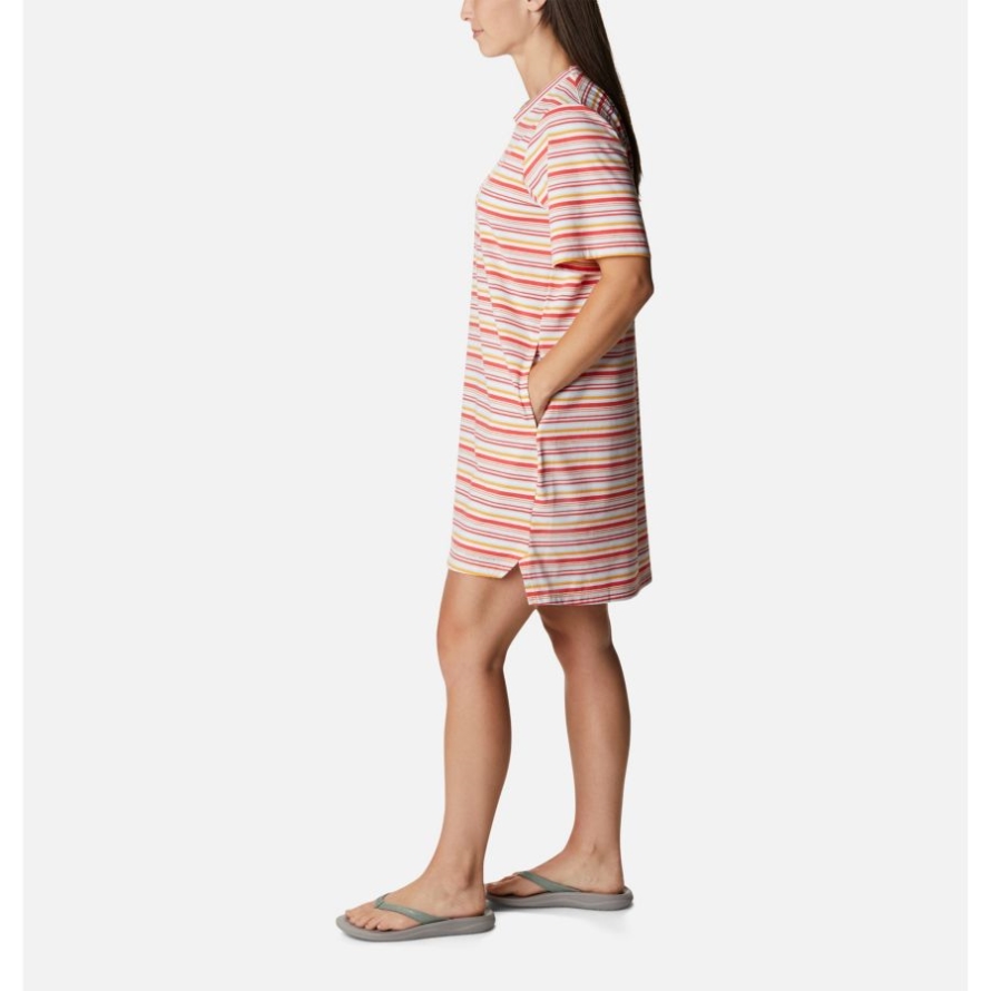 Columbia Women's Sun Trek T-Shirt Dress Red Hibiscus Climate Change Stripe