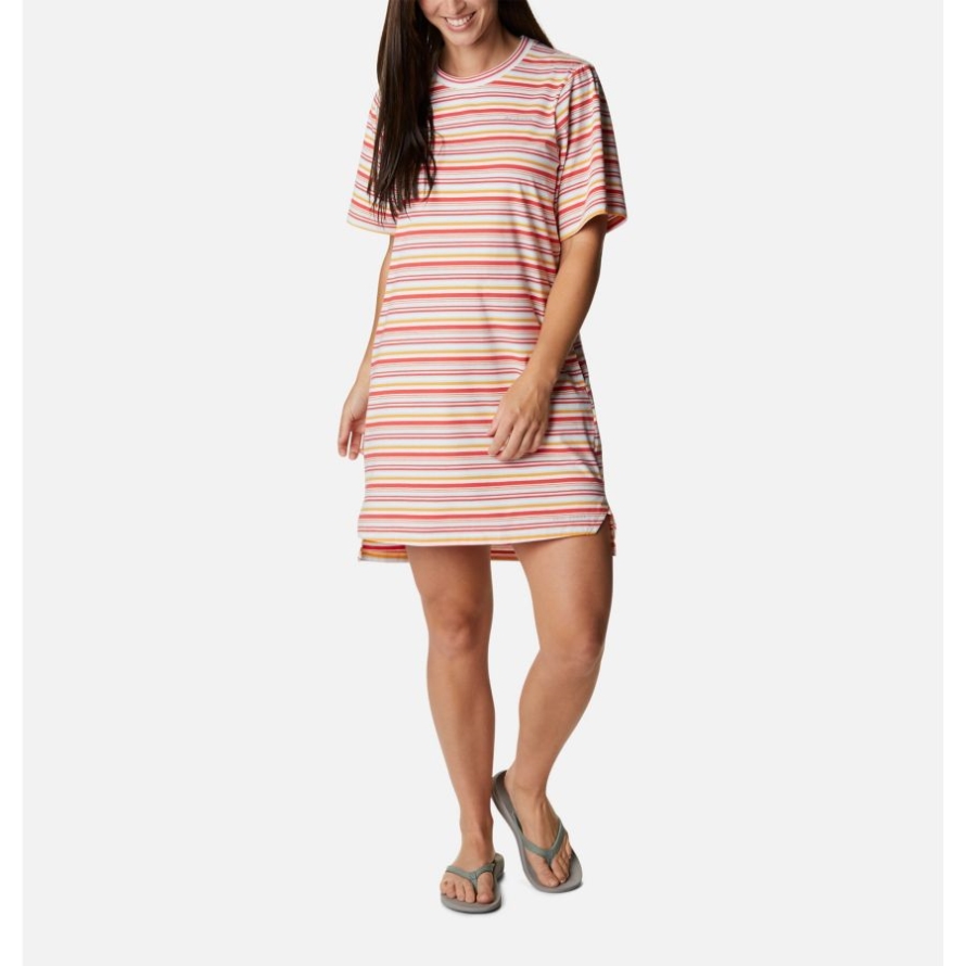 Columbia Women's Sun Trek T-Shirt Dress Red Hibiscus Climate Change Stripe