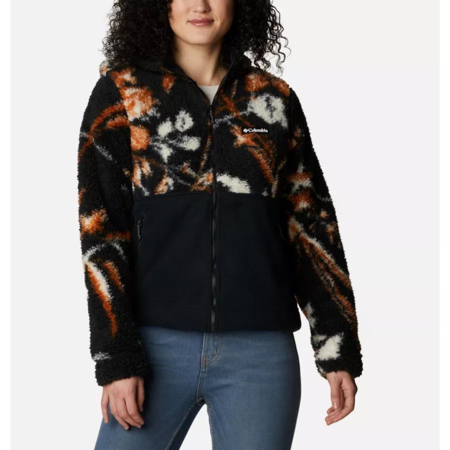 Columbia Women's Winter Pass Sherpa Hooded Full Zip Fleece Jacket Black Fallgrass Print/Black