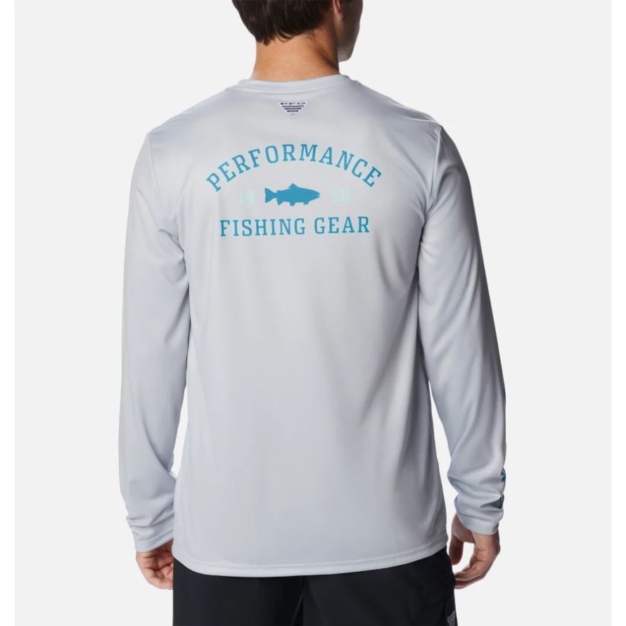 Cool Grey/Deep Marine Trout Columbia Men's PFG Terminal Tackle University Long Sleeve Shirt