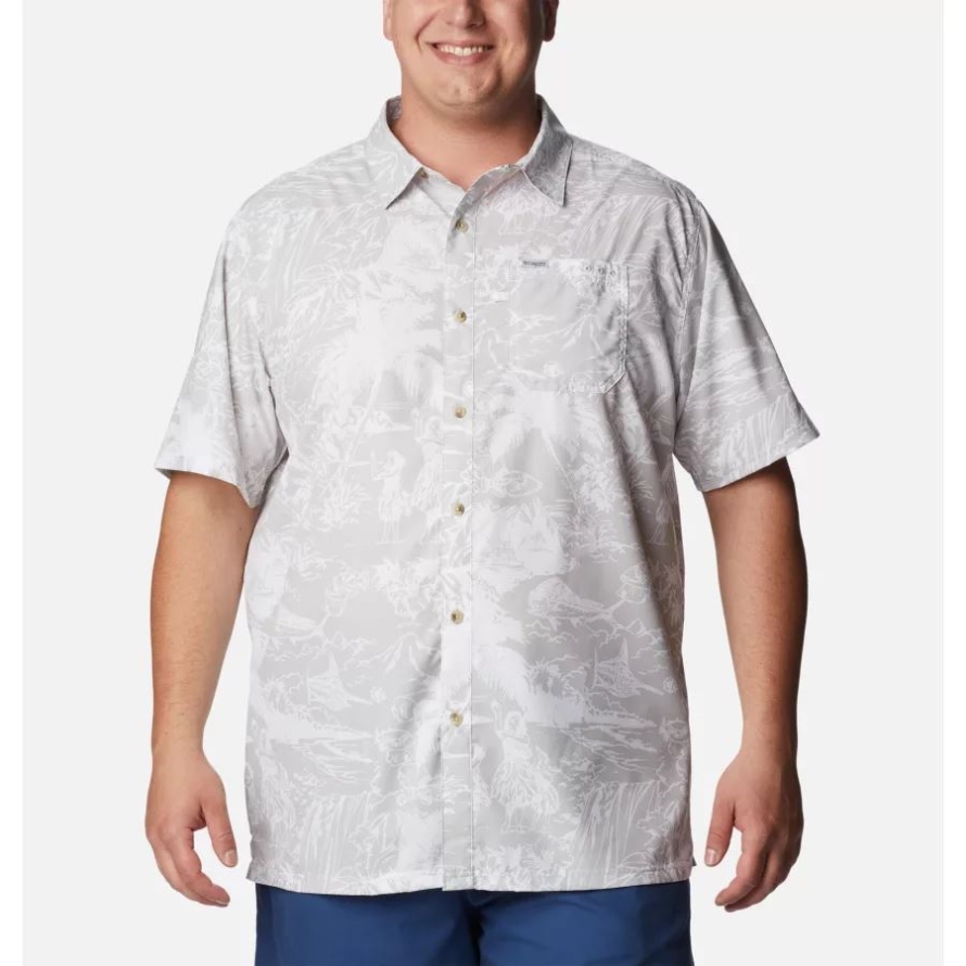 Cool Grey Hula Fish Print Men's PFG Super Slack Tide Camp Shirt Big Columbia
