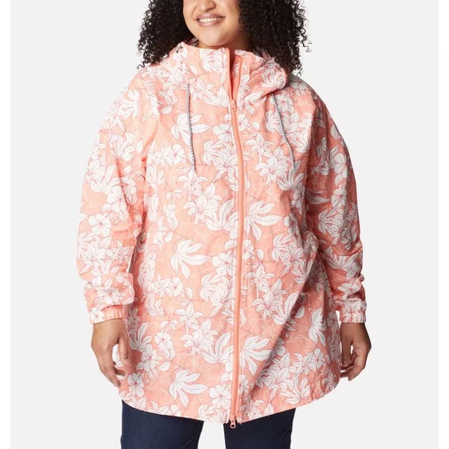Coral Reef Lakeshore Floral Print Columbia Women's Little Fields Printed Long Jacket Plus Size