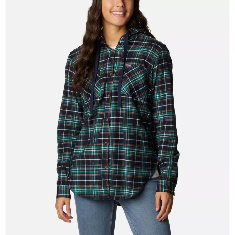 Dark Nocturnal Multi Tartan Columbia Women's Anytime Stretch Hooded Long Sleeve Shirt