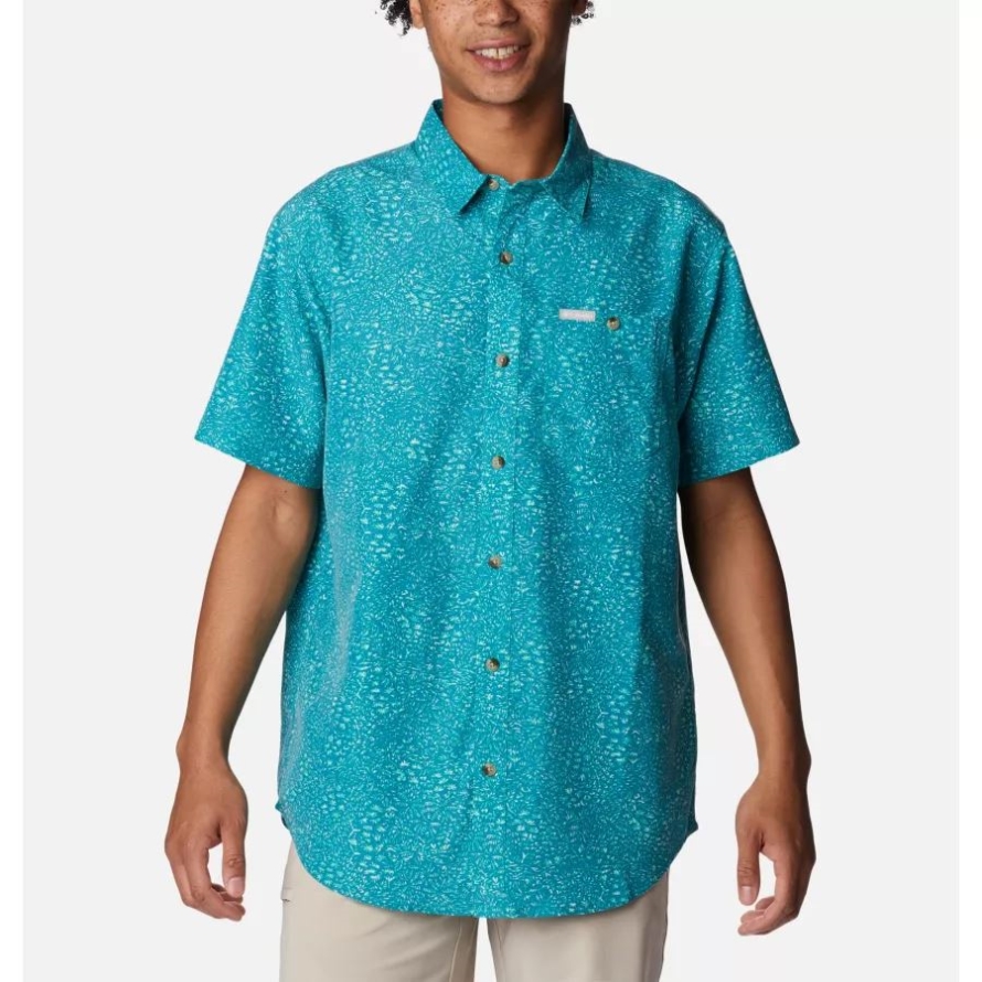 Electric Turquoise Tiny Jungles Columbia Men's Captree Island Short Sleeve Shirt
