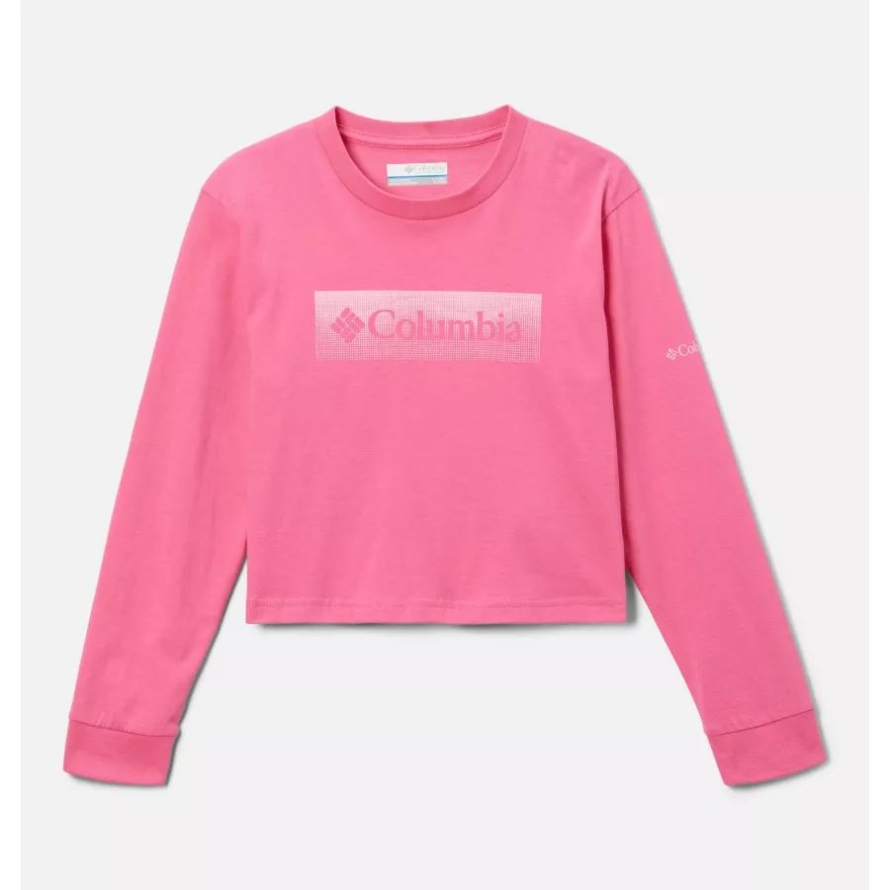 Girls' Mission Lake Boxy Long Sleeve Shirt Wild Geranium/Framed Halftone Logo Grx Columbia