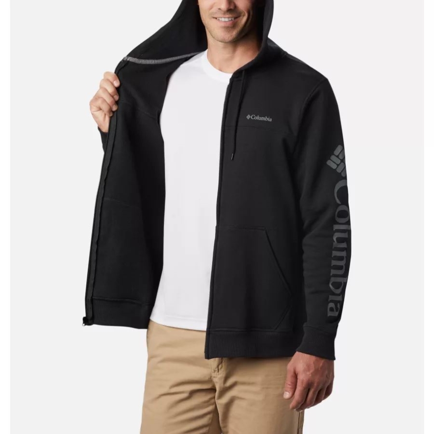 Men's Columbia Logo Full Zip Fleece Hoodie Tall Black/CSC Sleeve Logo Columbia