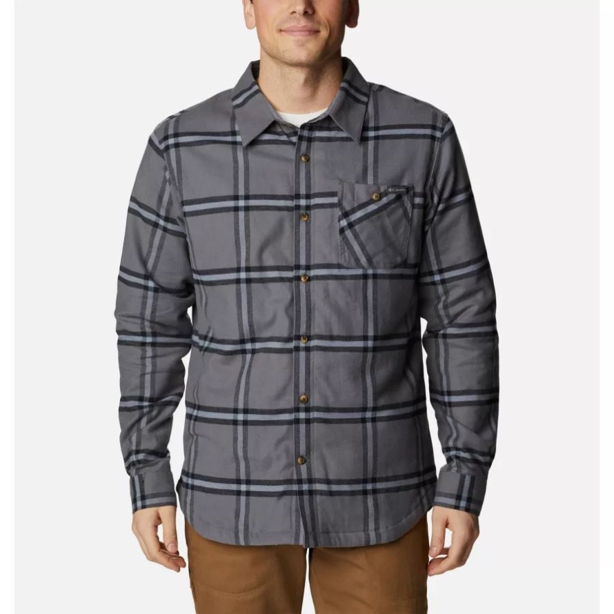 Men's Cornell Woods Fleece Lined Flannel Shirt Columbia City Grey Windowpane