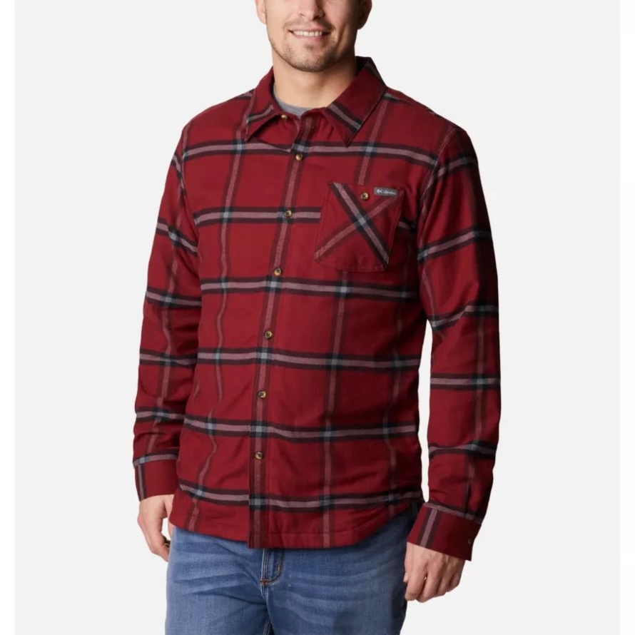Men's Cornell Woods Fleece Lined Flannel Shirt Red Jasper Windowpane Columbia