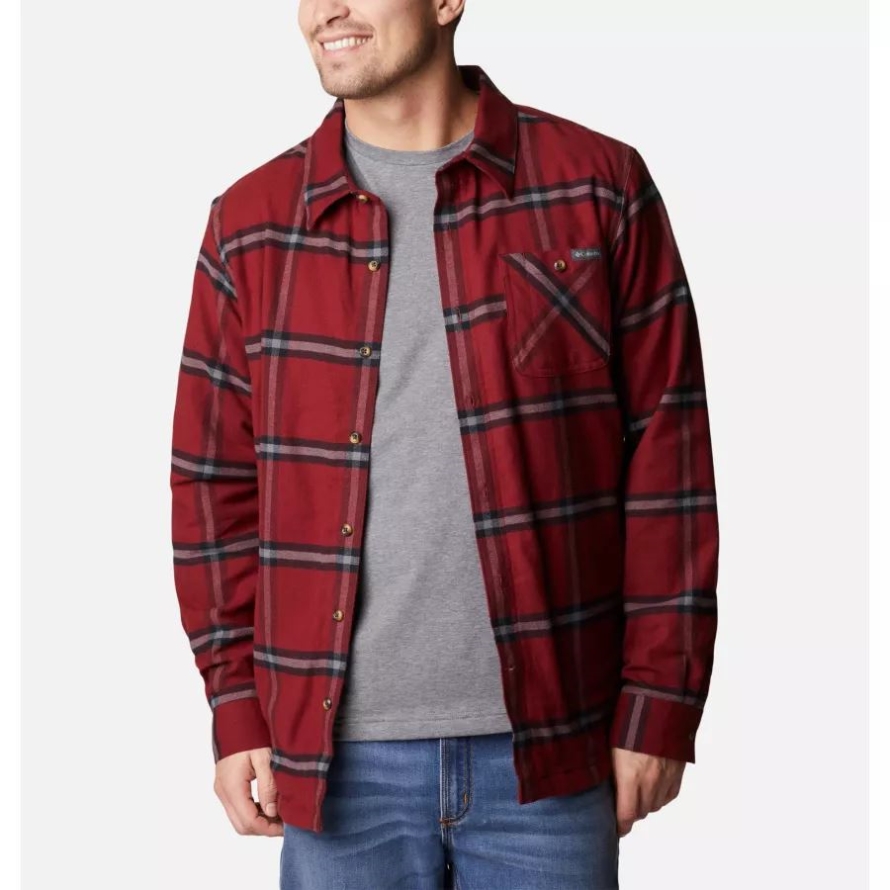 Men's Cornell Woods Fleece Lined Flannel Shirt Red Jasper Windowpane Columbia