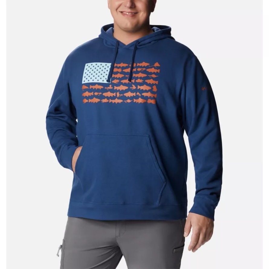 Men's PFG Fish Flag II Hoodie Big Columbia Carbon/Island Orange Trout Flies