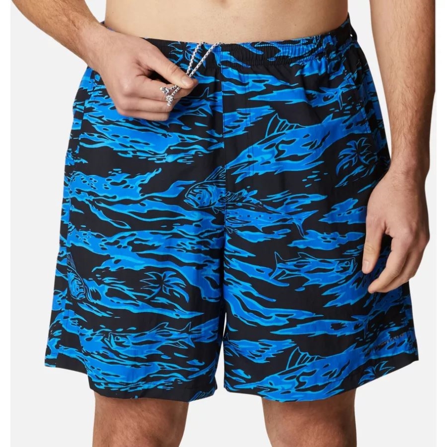 Men's PFG Super Backcast Water Shorts Black Rough Waves Print Columbia