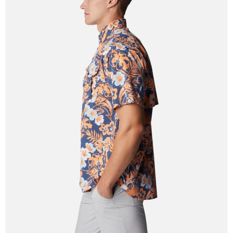 Men's PFG Super Bahama Short Sleeve Shirt Columbia Carbon Marlin Tropic Print