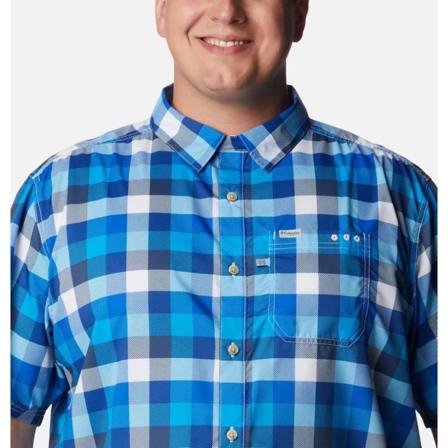Men's PFG Super Slack Tide Camp Shirt Big Columbia Blue Macaw Multi Gingham