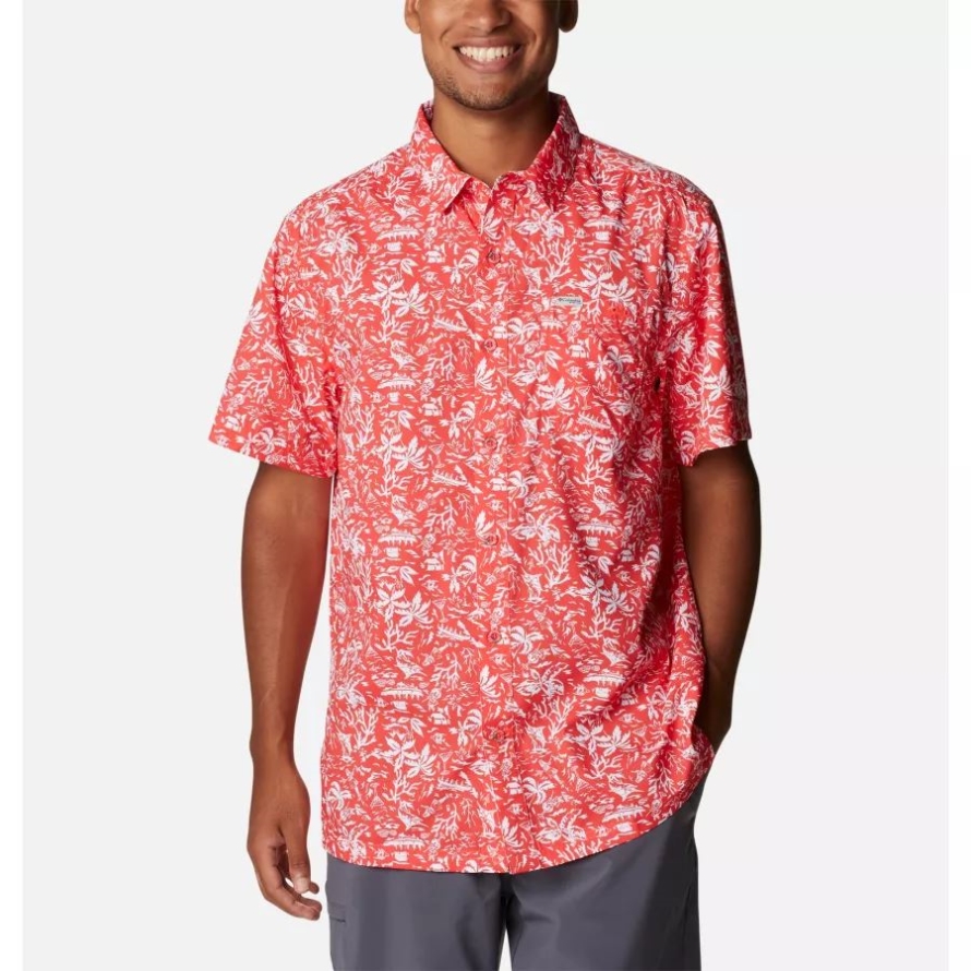 Men's PFG Super Slack Tide Camp Shirt Red Hibiscus Kona Print Columbia