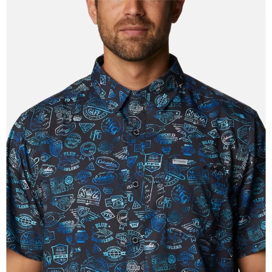 Men's PFG Super Slack Tide Camp Shirt Tall Columbia Black Tye Dye Print