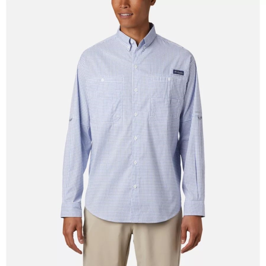 Men's PFG Super Tamiami Long Sleeve Shirt Columbia Vivid Blue Gingham