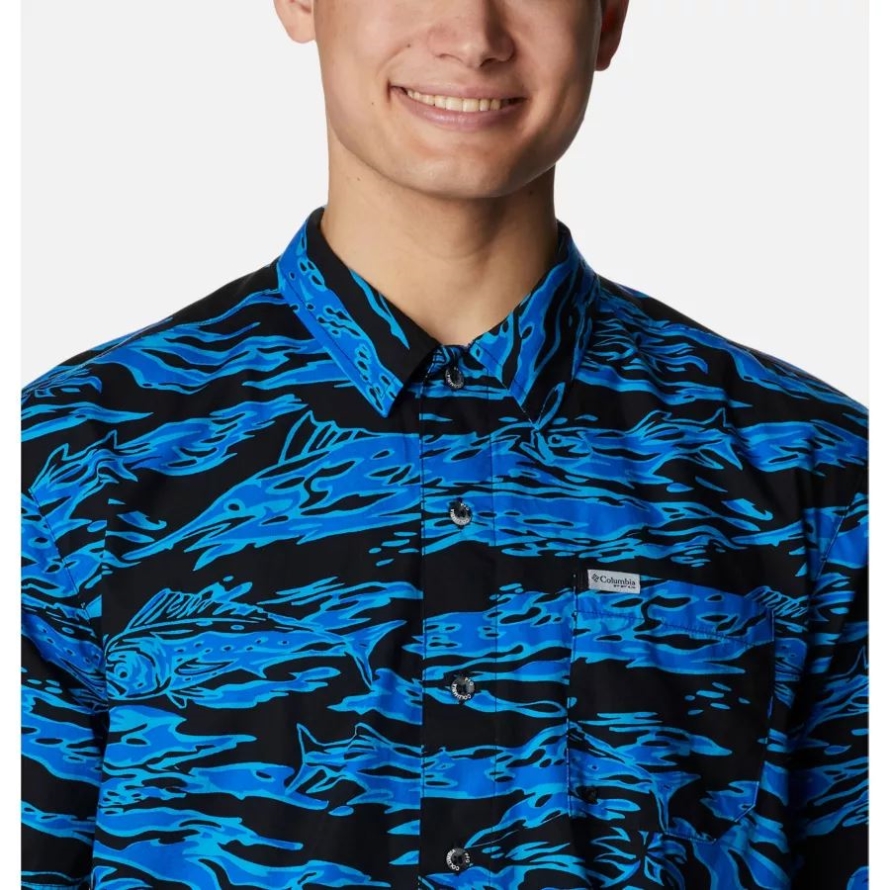 Men's PFG Trollers Best Short Sleeve Shirt Black Rough Waves Print Columbia