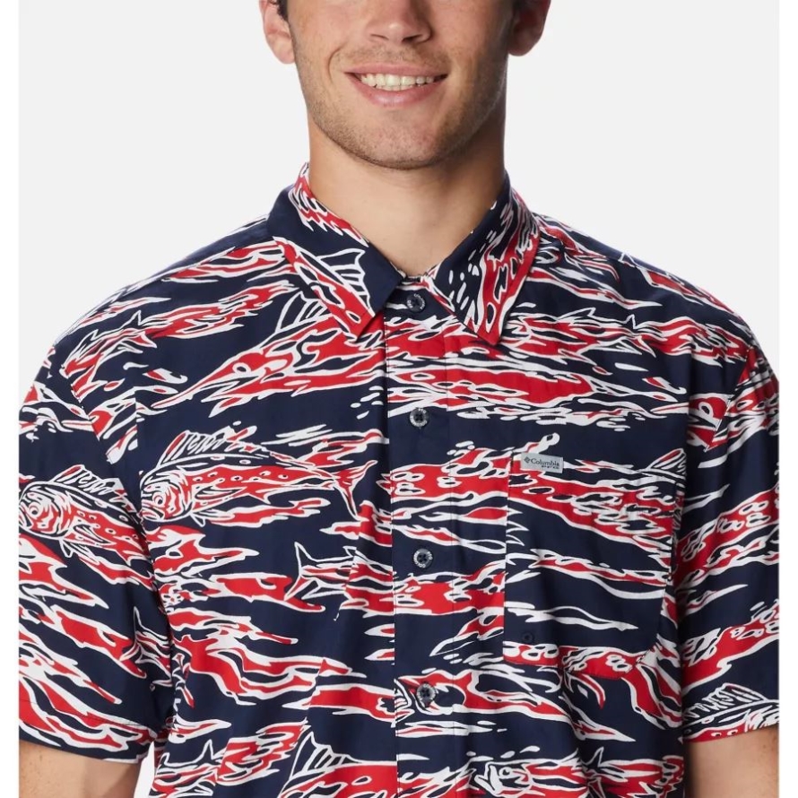 Men's PFG Trollers Best Short Sleeve Shirt Columbia Red Spark Rough Waves Print