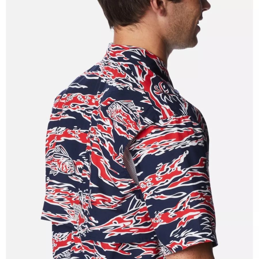 Men's PFG Trollers Best Short Sleeve Shirt Columbia Red Spark Rough Waves Print