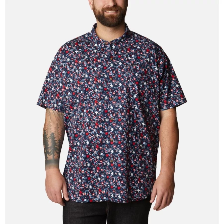 Men's Rapid Rivers Printed Short Sleeve Shirt Big Columbia Brand Collegiate Navy Mini-Biscus