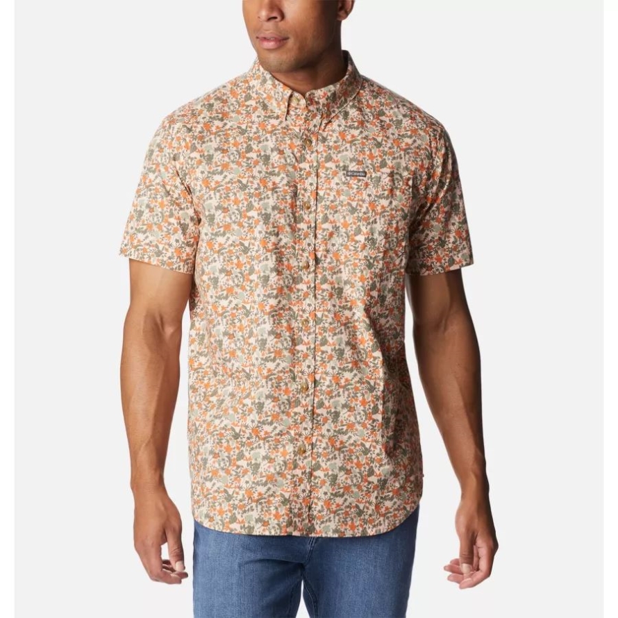 Men's Rapid Rivers Printed Short Sleeve Shirt Columbia Peach Blossom Mini-Biscus