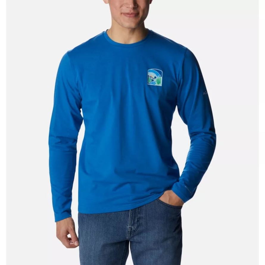 Men's Sun Trek Long Sleeve Graphic T-Shirt Bright Indigo/Suntrek Hills Chest Columbia