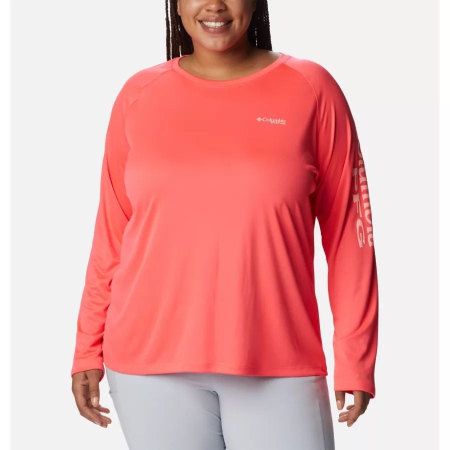Neon Sunrise/Tiki Pink Logo Women's PFG Tidal Tee II Long Sleeve Plus Size Columbia