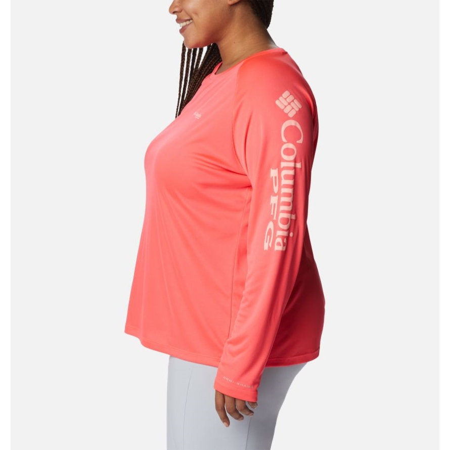 Neon Sunrise/Tiki Pink Logo Women's PFG Tidal Tee II Long Sleeve Plus Size Columbia
