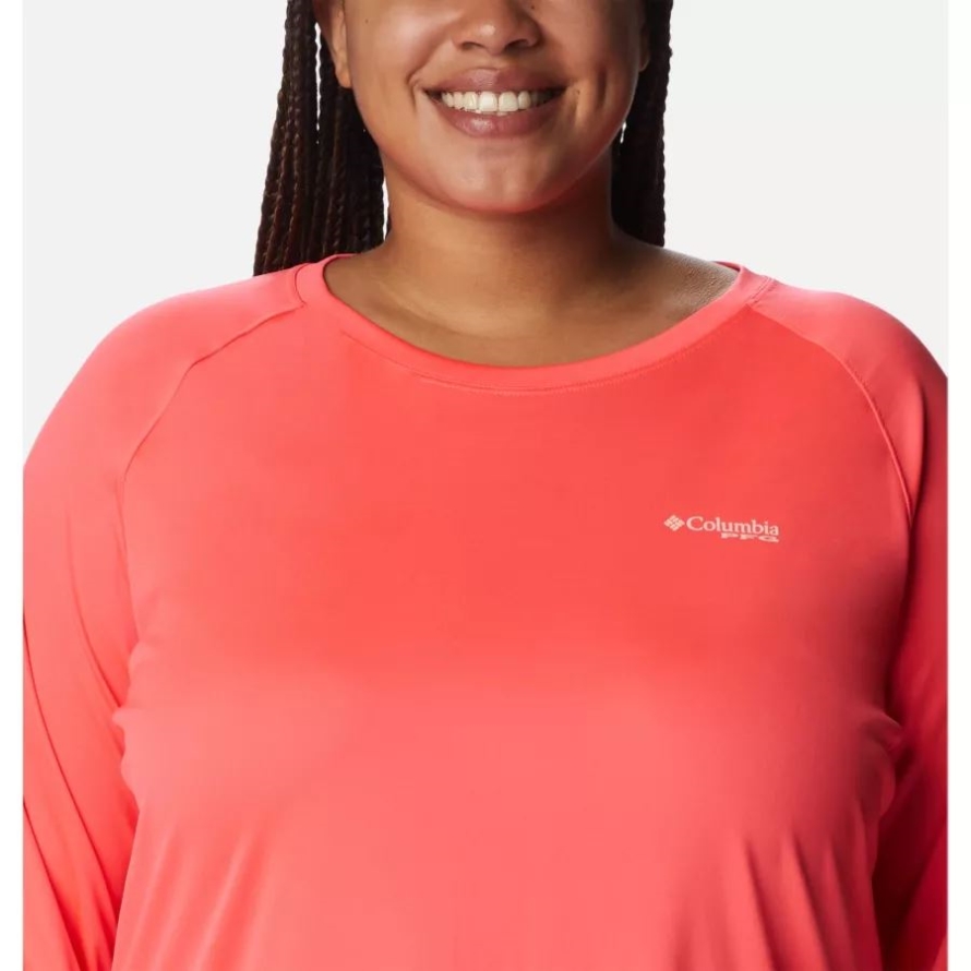 Neon Sunrise/Tiki Pink Logo Women's PFG Tidal Tee II Long Sleeve Plus Size Columbia