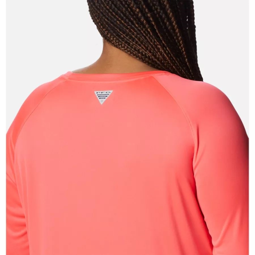 Neon Sunrise/Tiki Pink Logo Women's PFG Tidal Tee II Long Sleeve Plus Size Columbia