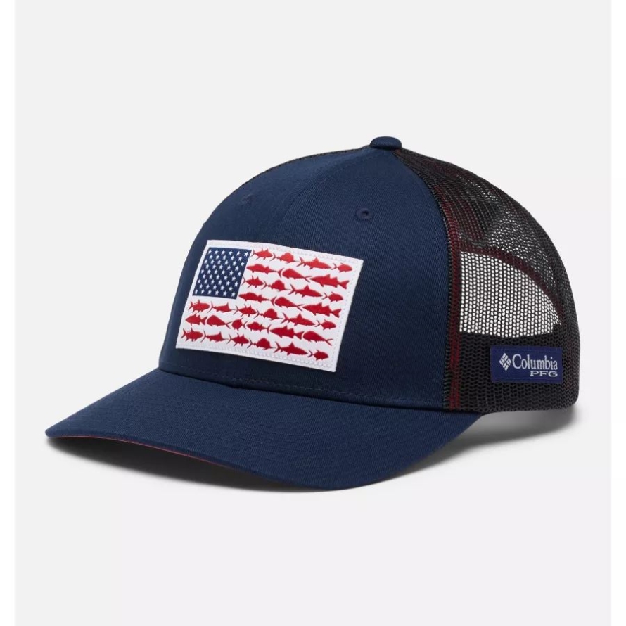 PFG Fish Flag Mesh Snapback Low Crown Columbia Collegiate Navy/Sunset Red