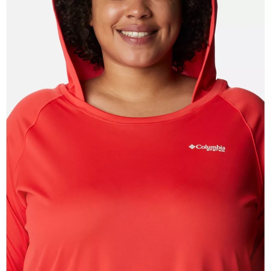 Red Hibiscus/White Logo Columbia Women's PFG Tidal Tee Hoodie Plus Size