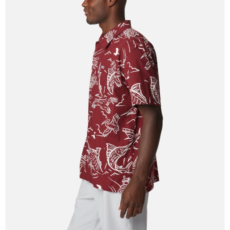 Red Jasper Mighty Marlins Print Men's PFG Trollers Best Short Sleeve Shirt Columbia