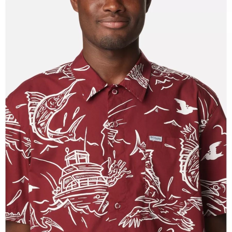 Red Jasper Mighty Marlins Print Men's PFG Trollers Best Short Sleeve Shirt Columbia