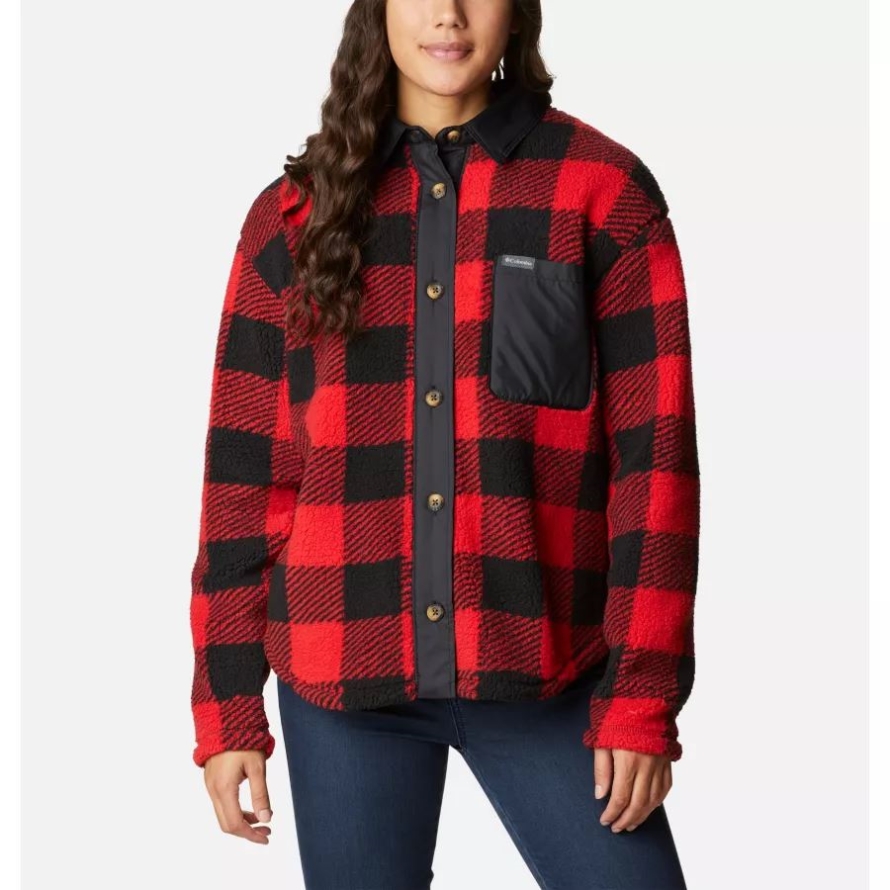 Red Lily Check Print Columbia Women's West Bend Fleece Shirt Jacket