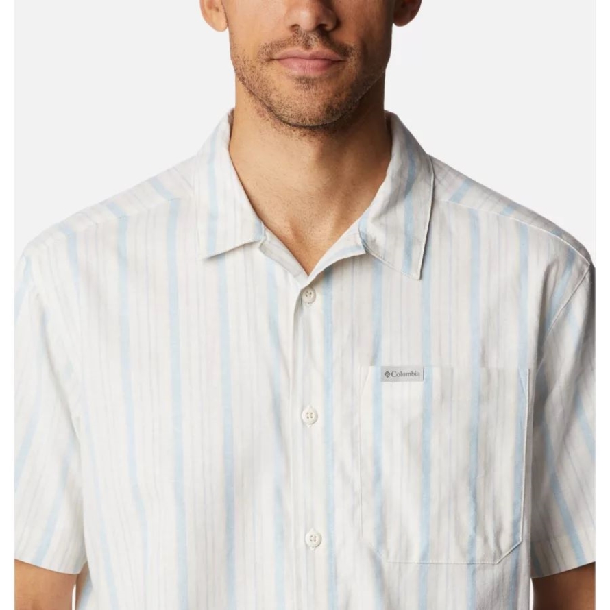 Sea Salt Strolling Stripe Men's Sage Springs Linen Short Sleeve Shirt Columbia