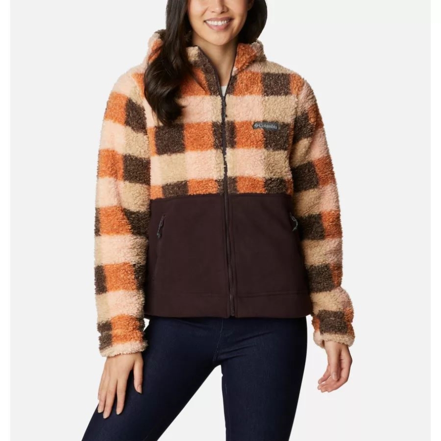 Warm Copper Check Multi/New Cinder Columbia Brand Women's Winter Pass Sherpa Hooded Full Zip Fleece Jacket