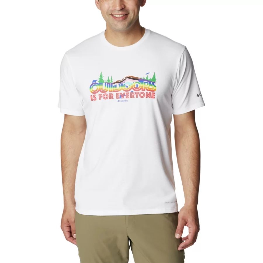 White/All For Outdoor Pride Graphic Columbia Men's Sun Trek Technical T-Shirt