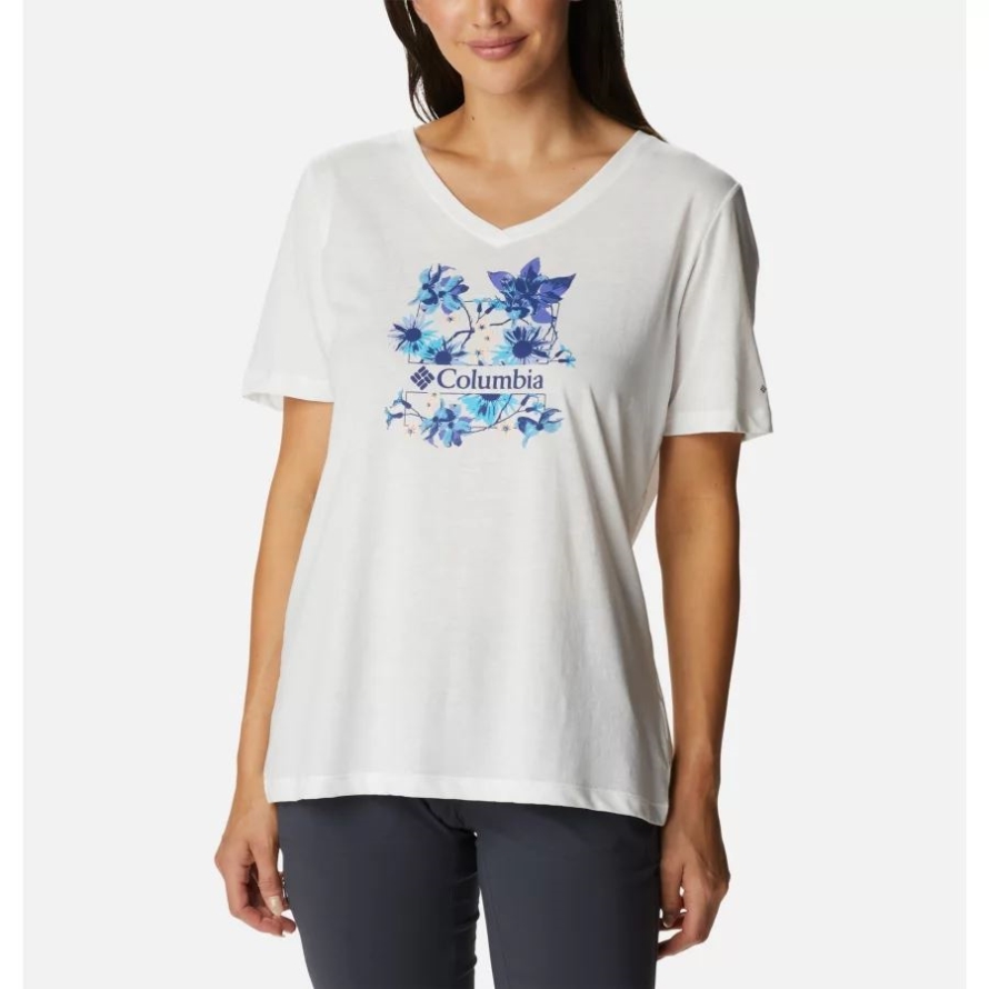 White/Jubilant Escape Graphic Columbia Women's Bluebird Day Relaxed V-Neck Shirt
